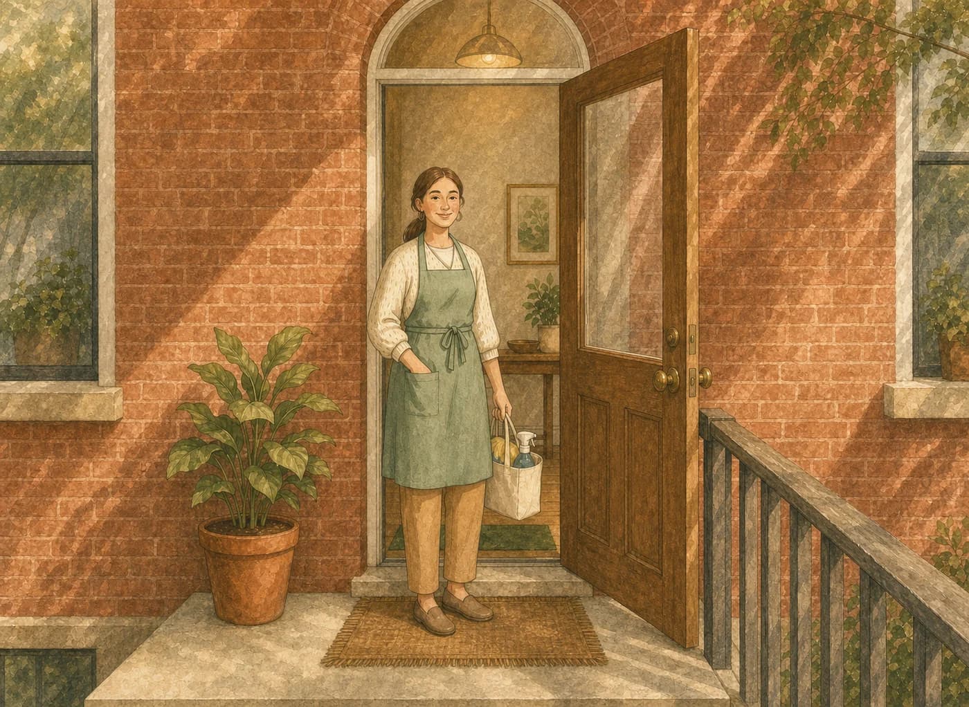 A Hometress cleaner with a kit tote, smiling at an open front door before a visit