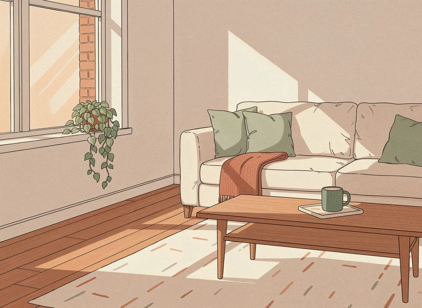 A bright, freshly cleaned living room with a linen couch and warm afternoon light