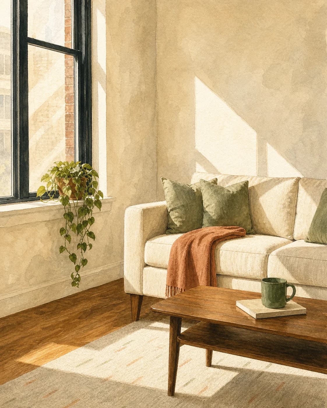 A hand-painted sunlit Philadelphia living room kept calm between visits