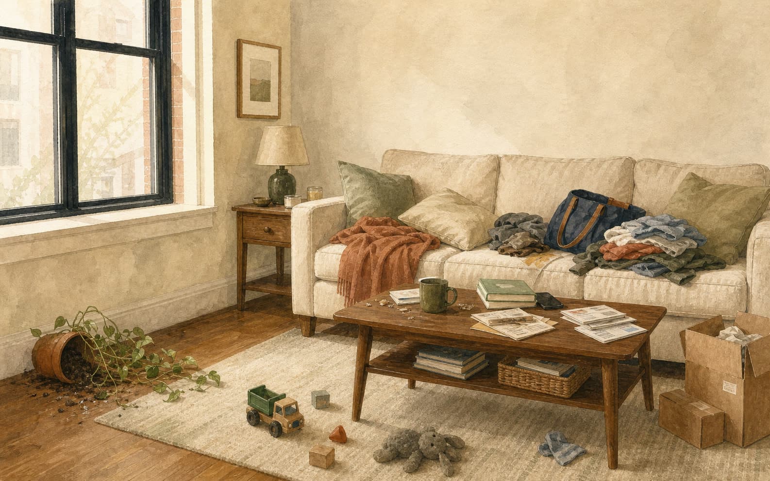 The same living room before the reset, filled with everyday clutter
