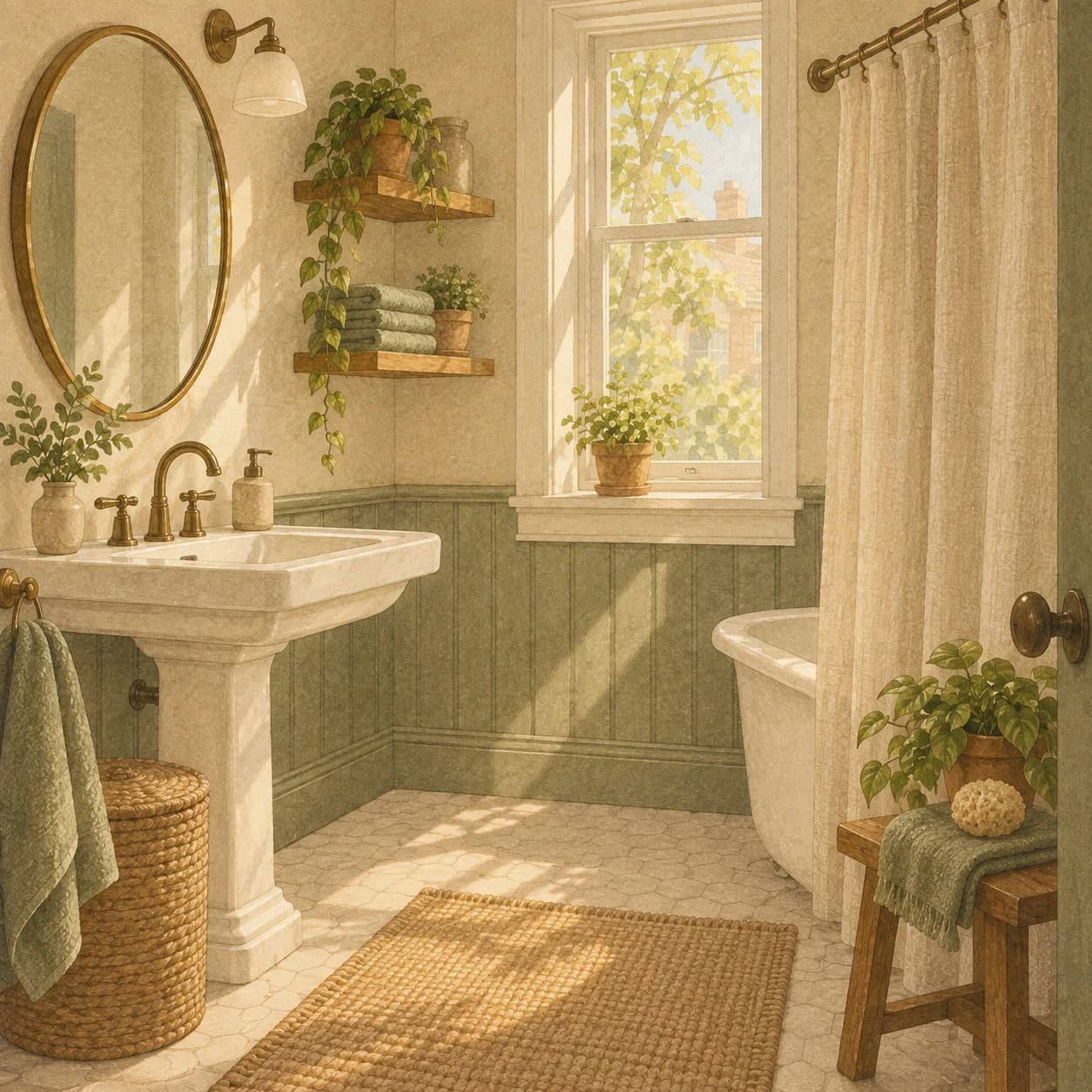 A bright bathroom with a pedestal sink, round mirror, and folded sage towels