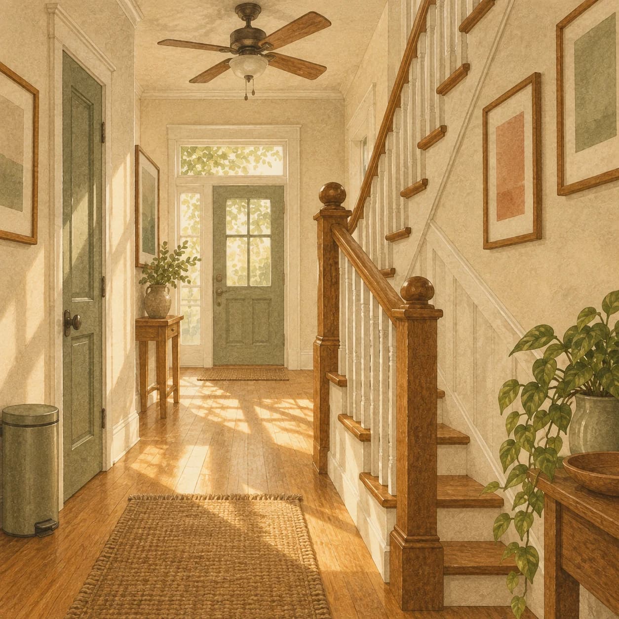 A sunlit rowhome hallway and staircase with a ceiling fan overhead