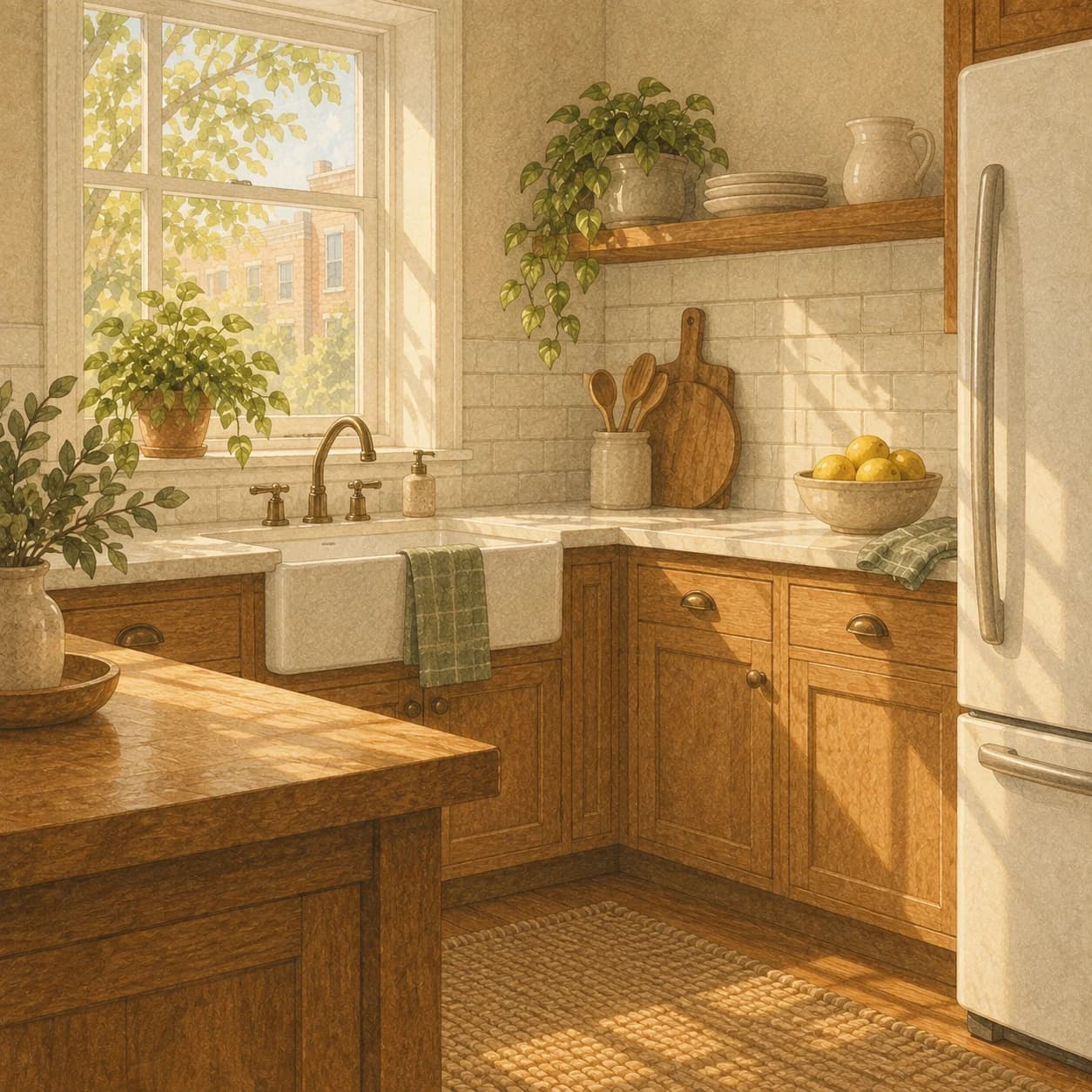 A tidy kitchen with honey-wood cabinets and a bowl of lemons on the counter