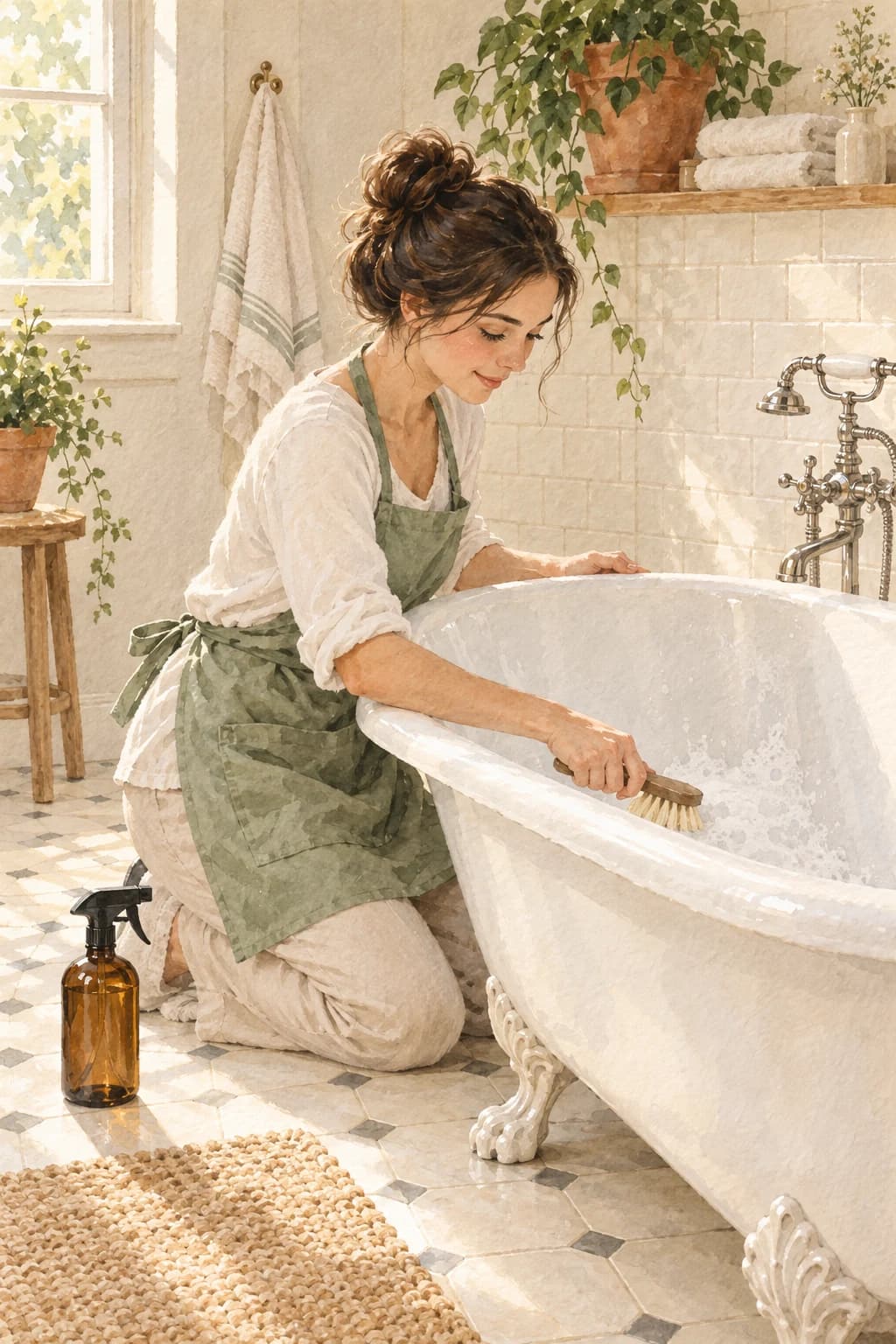 A Hometress cleaner in a sage apron scrubbing a white clawfoot bathtub