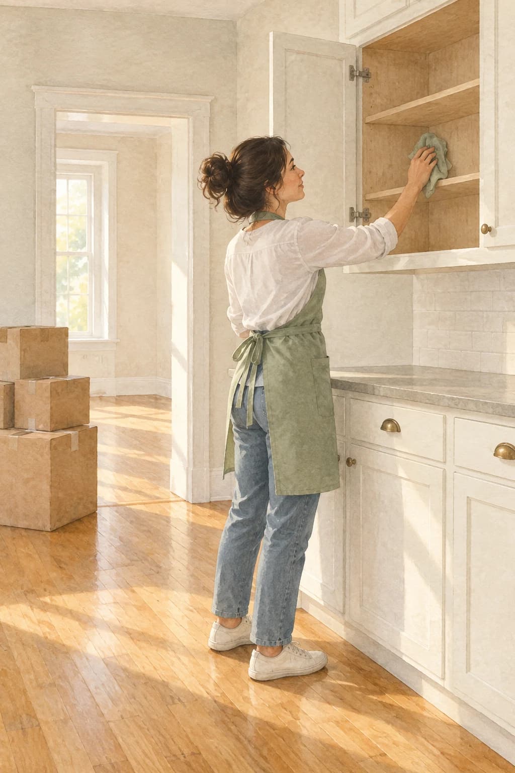 A Hometress cleaner in a sage apron wiping the inside of an empty kitchen cabinet beside packed moving boxes