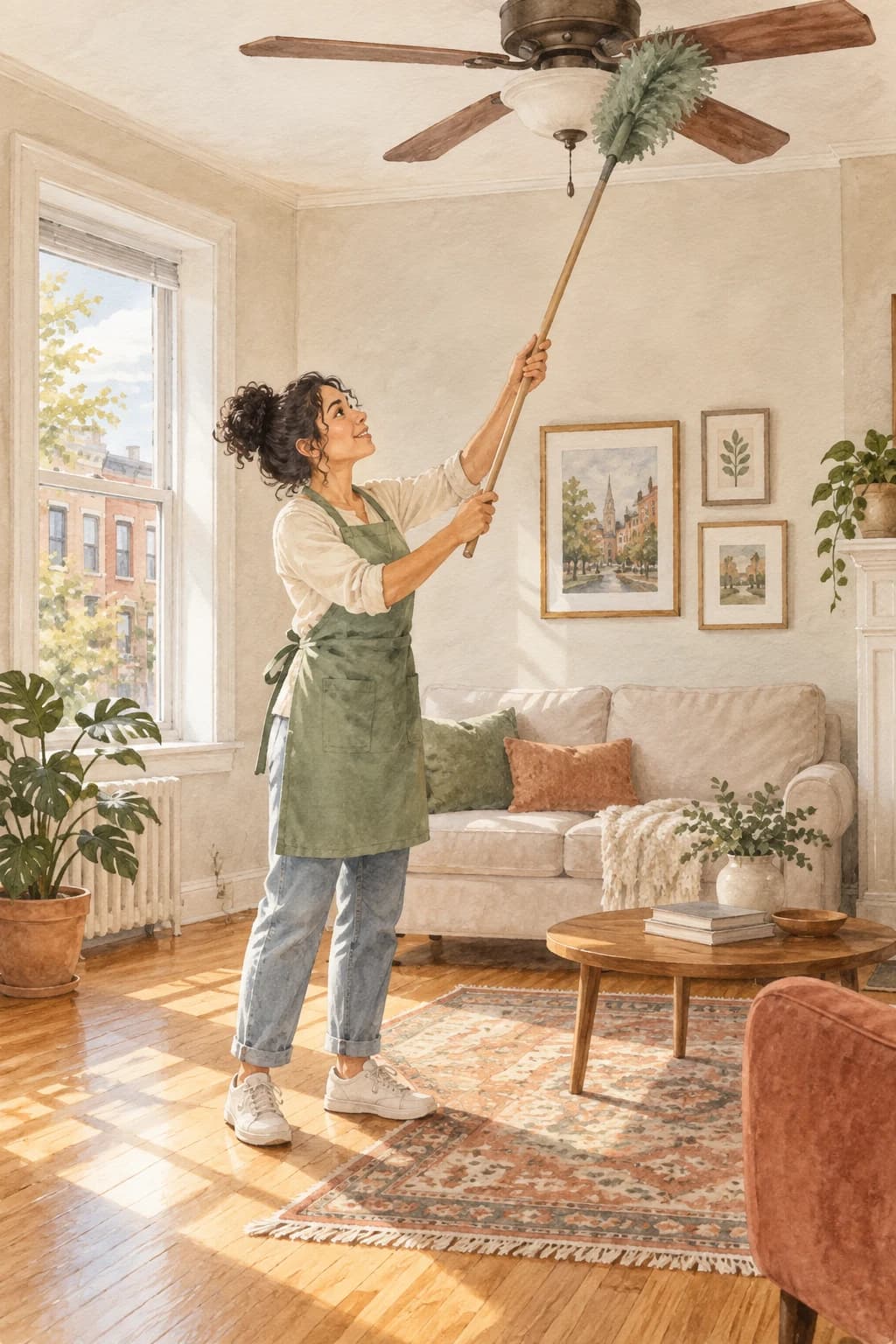 A Hometress cleaner in a sage apron dusting a ceiling fan in a sunlit living room