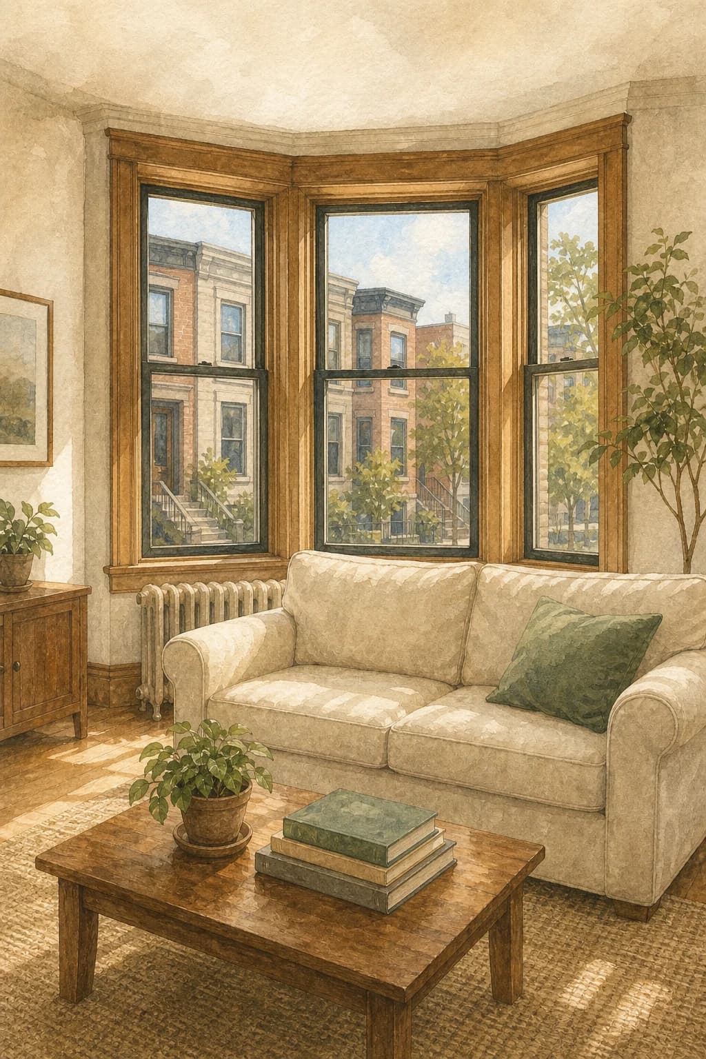 Watercolor painting of a calm Chicago greystone living room with a bay window onto two-flat facades