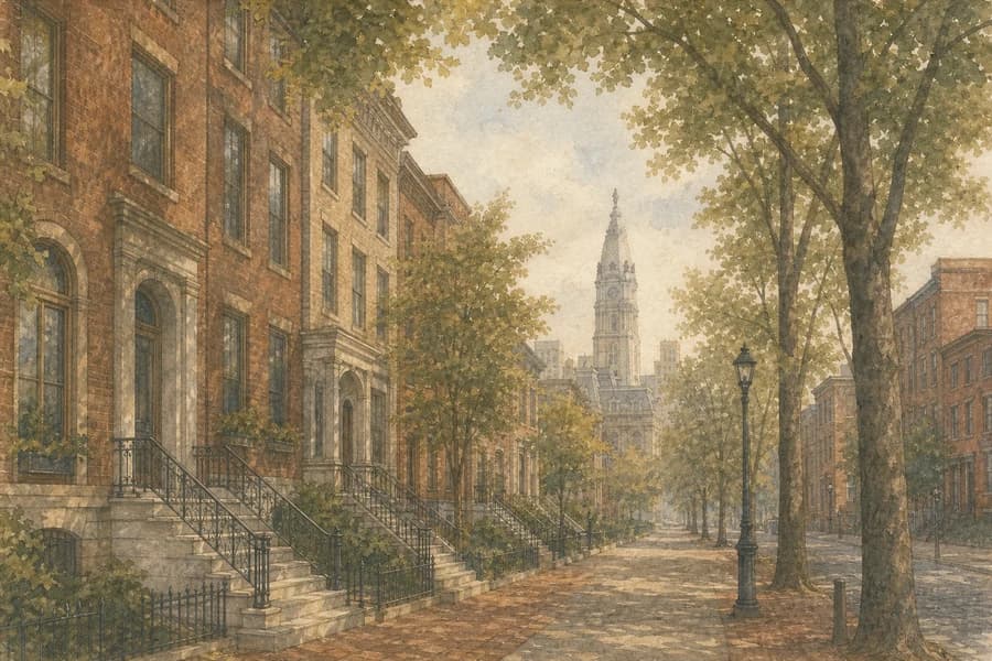 A tree-lined Philadelphia street of brick rowhomes with iron railings and stoops, City Hall's tower rising at the end of the block