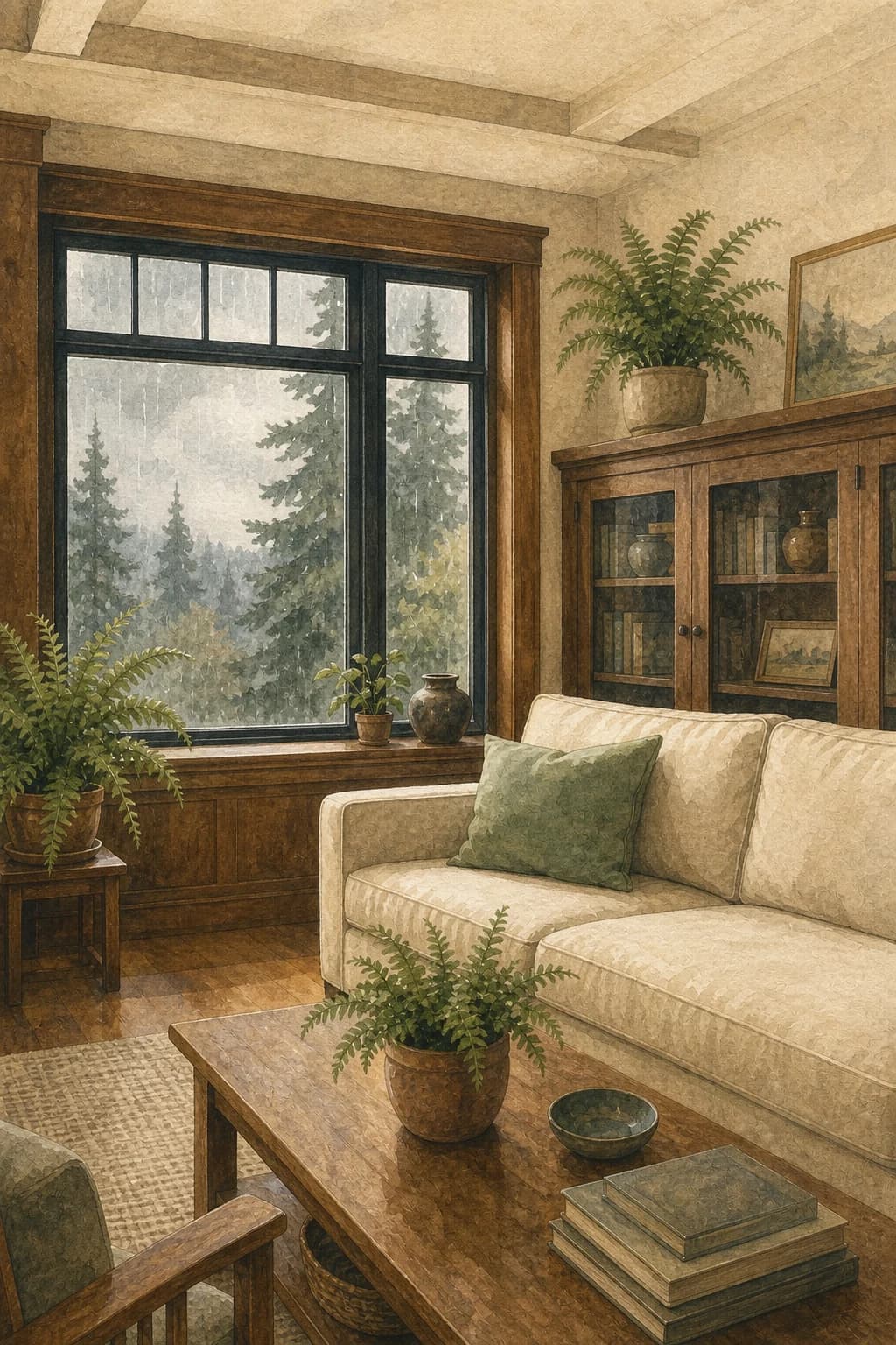 Watercolor painting of a calm Seattle craftsman living room, rain on the window and evergreens beyond