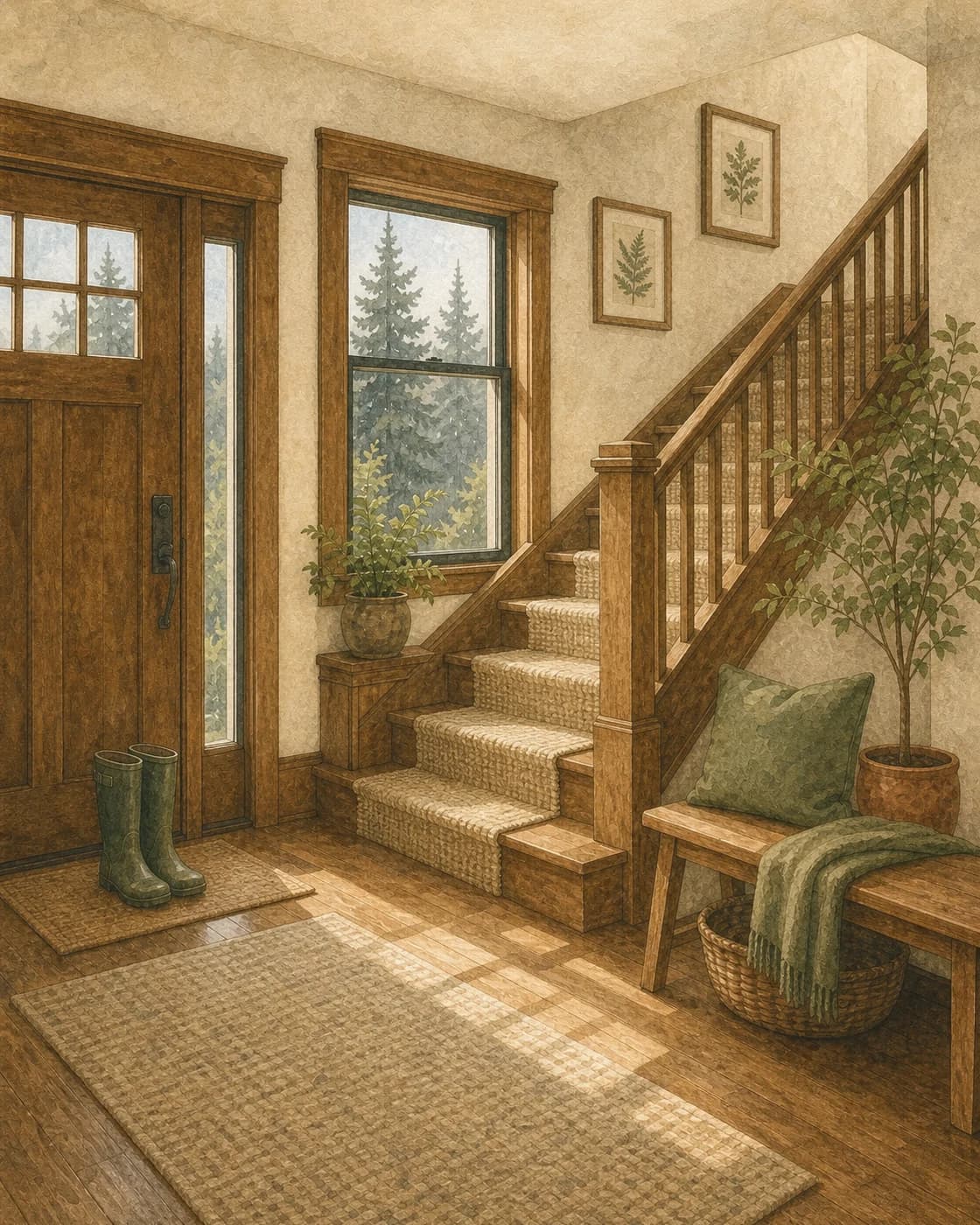 Watercolor painting of a freshly cleaned Seattle craftsman entryway and staircase, rain boots by the door and evergreens through the window