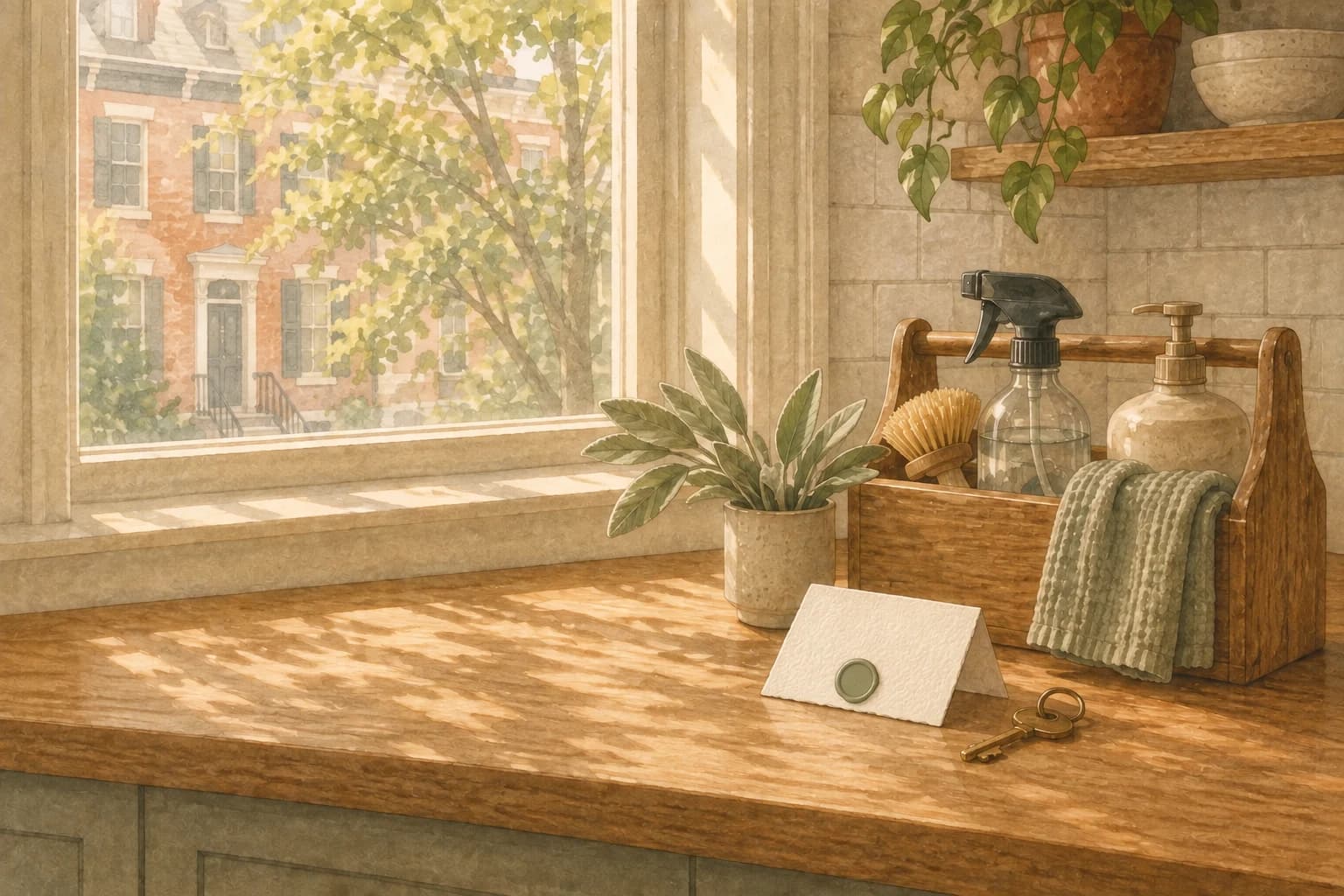 A Philadelphia rowhome kitchen counter in morning light: a folded card with a green wax seal, a brass house key, a sprig of sage and a wooden caddy of cleaning supplies, with red-brick rowhomes through the window