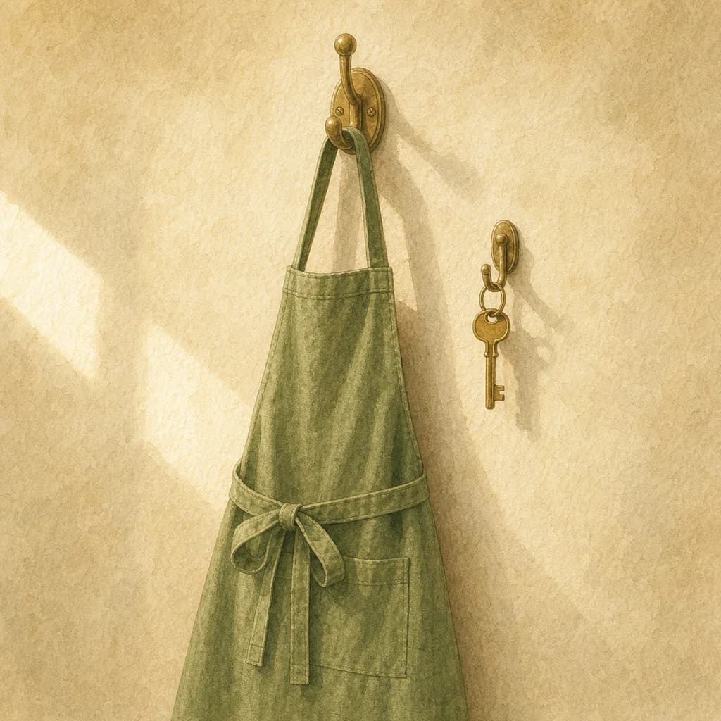 A painted sage-green apron and brass key hanging on wall hooks