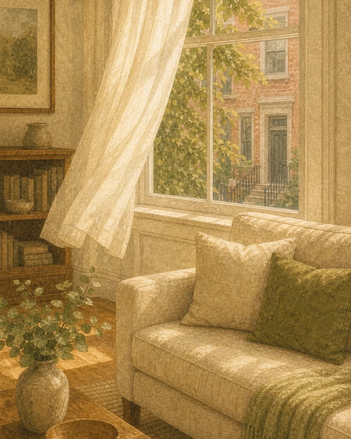 A painted freshly cleaned living room with a linen curtain breathing at an open window