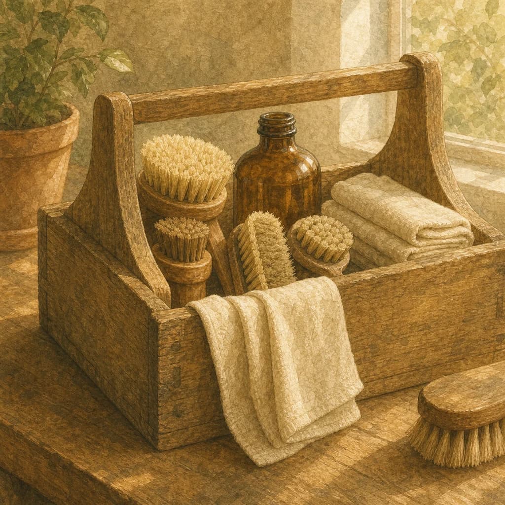 A painted wooden caddy of seasoned cleaning tools and cloths