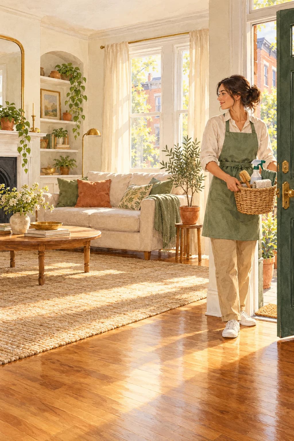 A Hometress cleaner in a sage-green apron steps into a sunlit Philadelphia rowhome, a basket of supplies in her arms, and glances back into the living room she is about to reset.