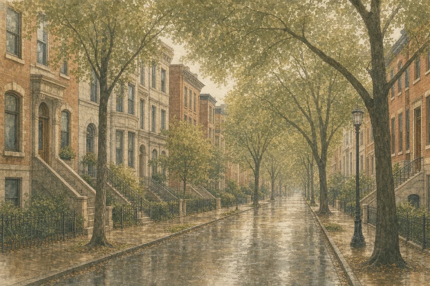 Watercolor of a residential street in Lincoln Park, Chicago, on an overcast morning