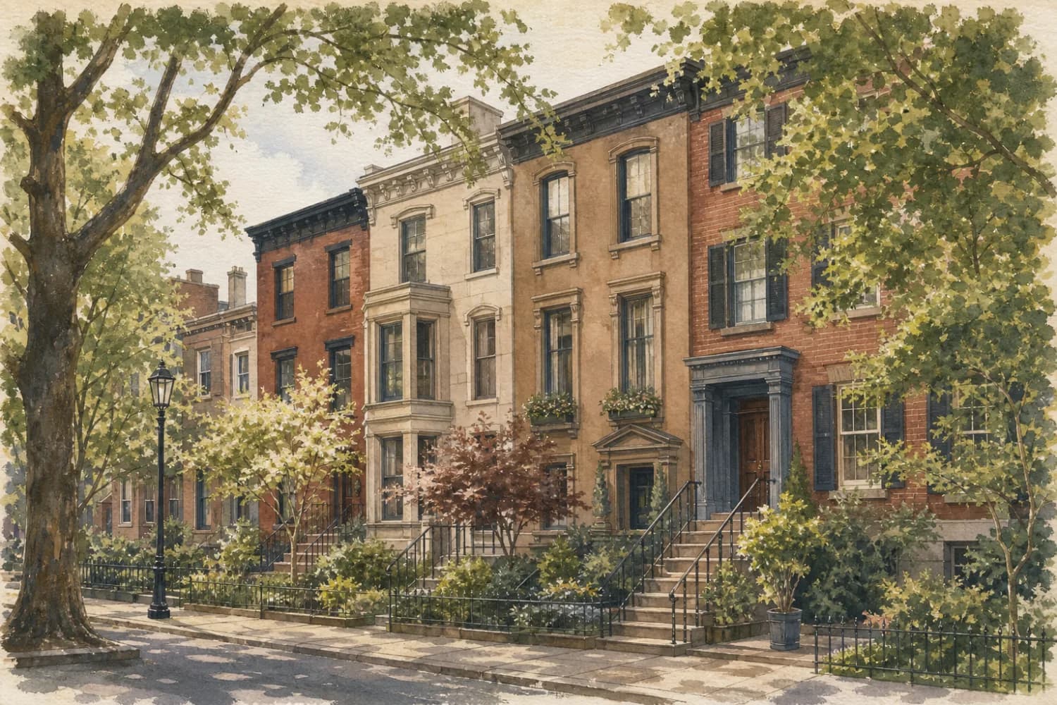 Painted historic rowhomes and leafy residential blocks near Philadelphia's Art Museum.
