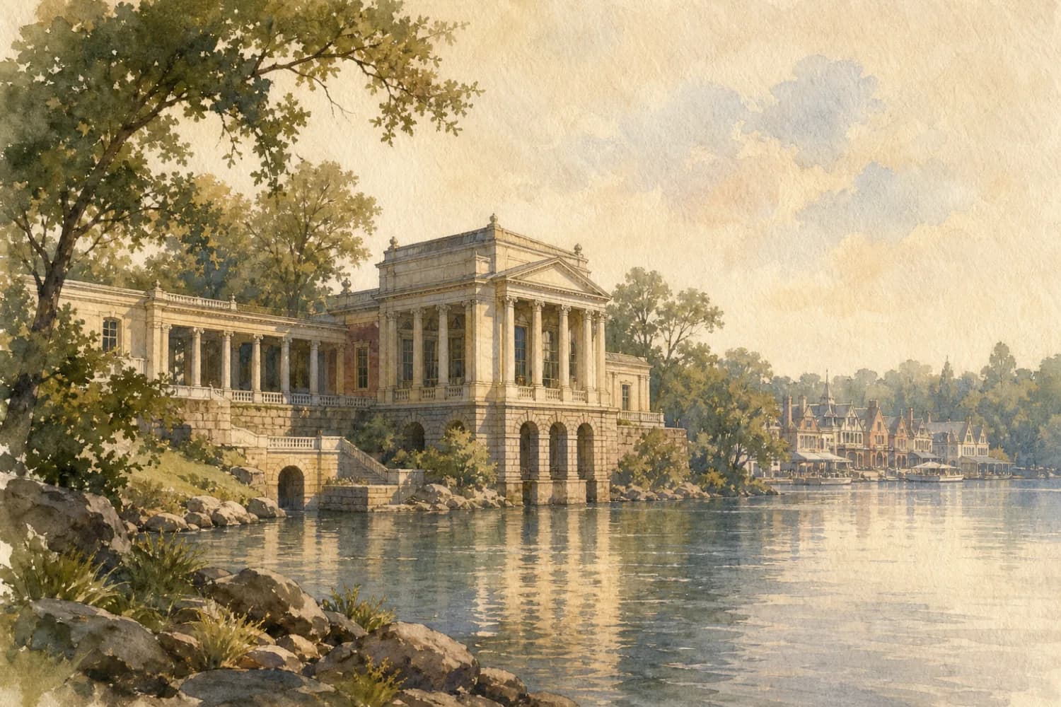 Painted river-edge view linking Fairmount Water Works, Boathouse Row, and the Schuylkill.