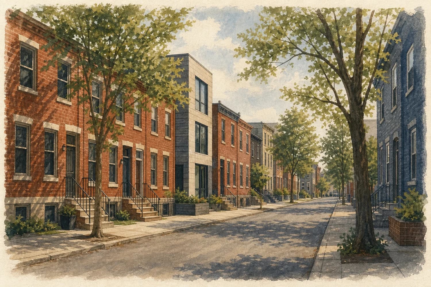 Old brick rows and modern infill share a calm tree-lined residential street.
