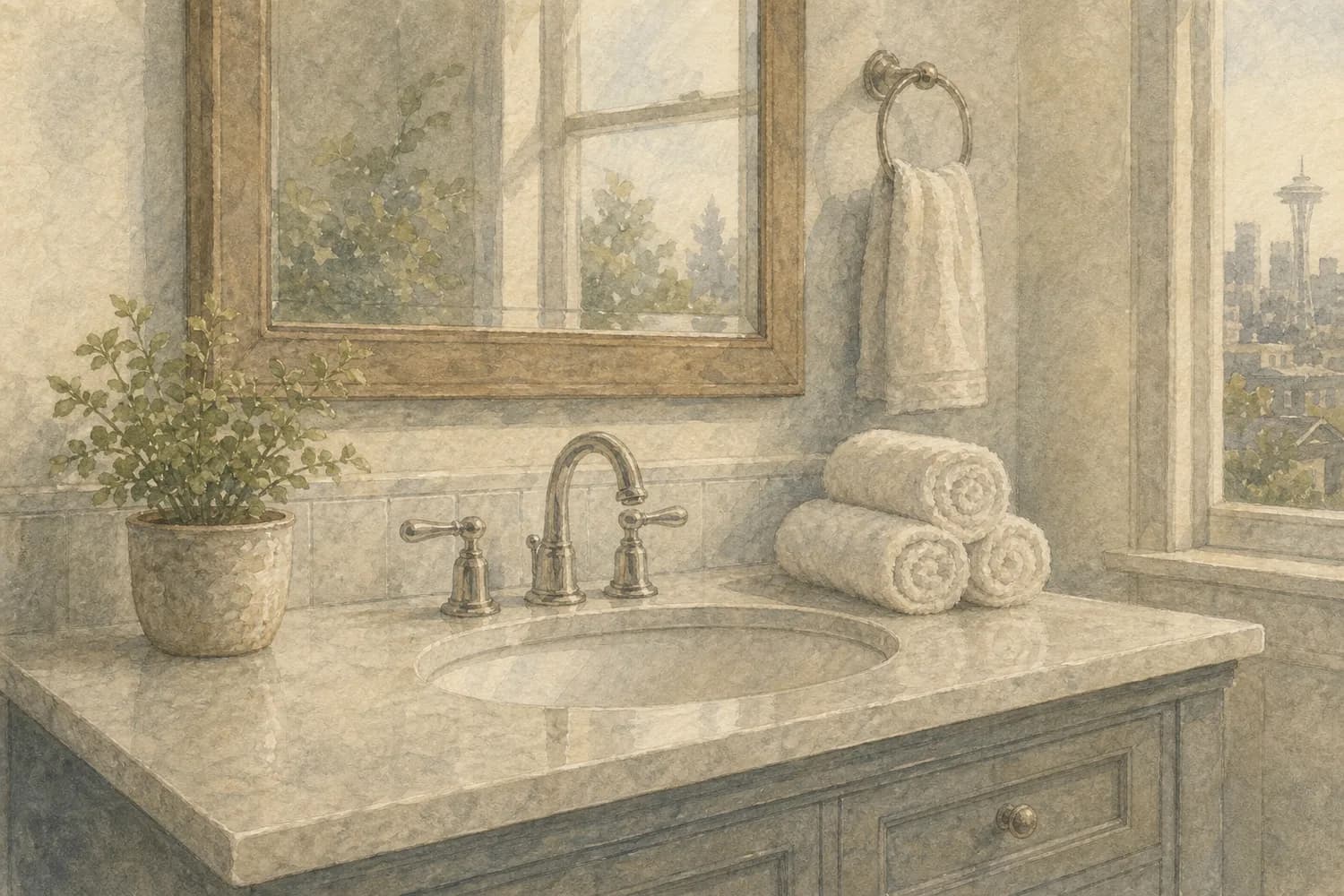 Watercolor detail of a freshly cleaned corner in a Belltown home