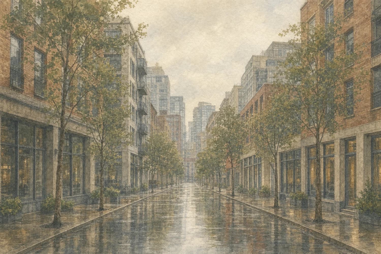 Watercolor of a residential street in Belltown, Seattle, on an overcast morning