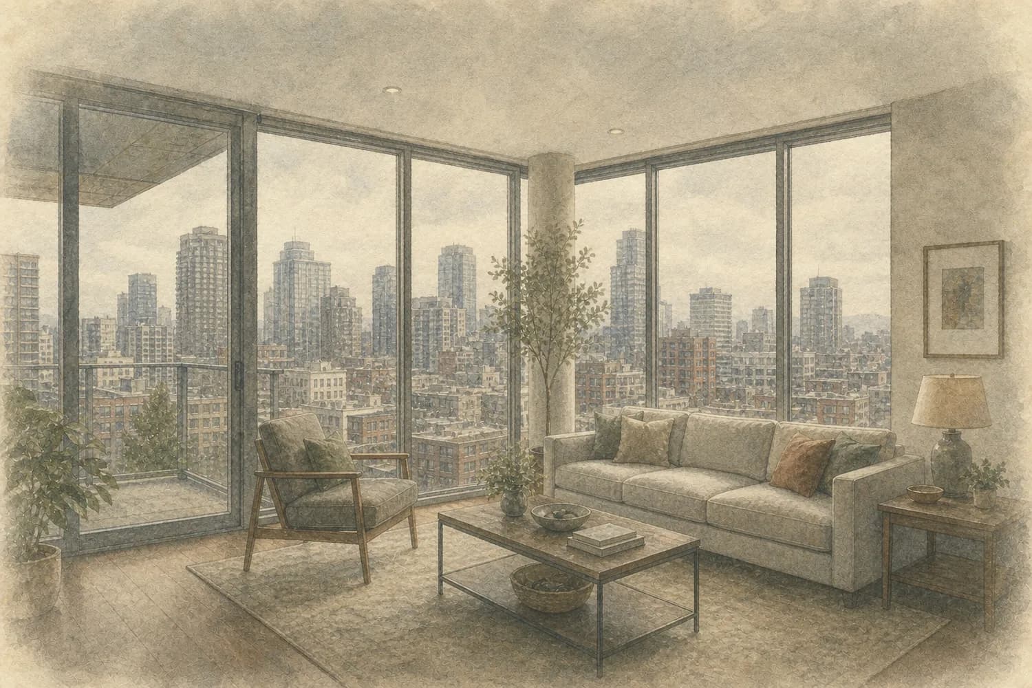 Watercolor of a bright, freshly cleaned living space in a Belltown home