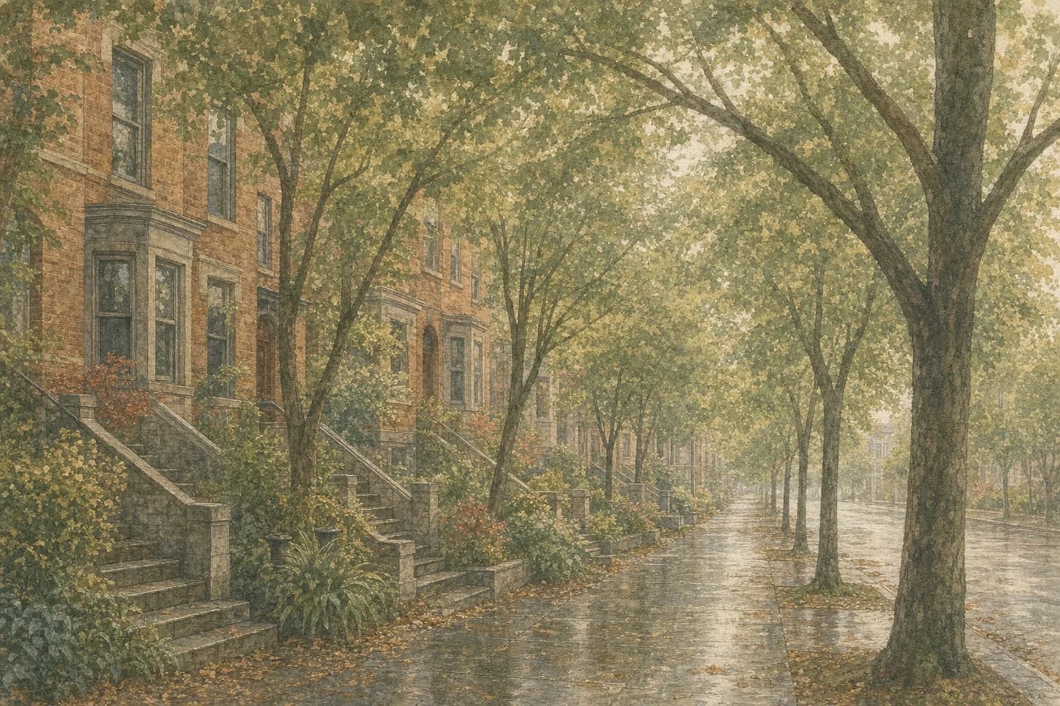Watercolor of a residential street in Capitol Hill, Seattle, on an overcast morning