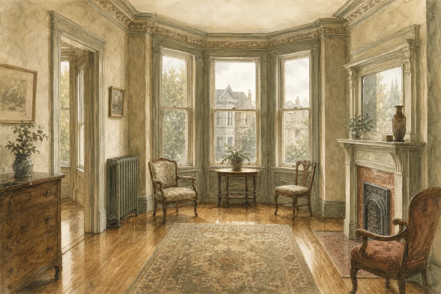 Watercolor of a bright, freshly cleaned living space in a Capitol Hill home