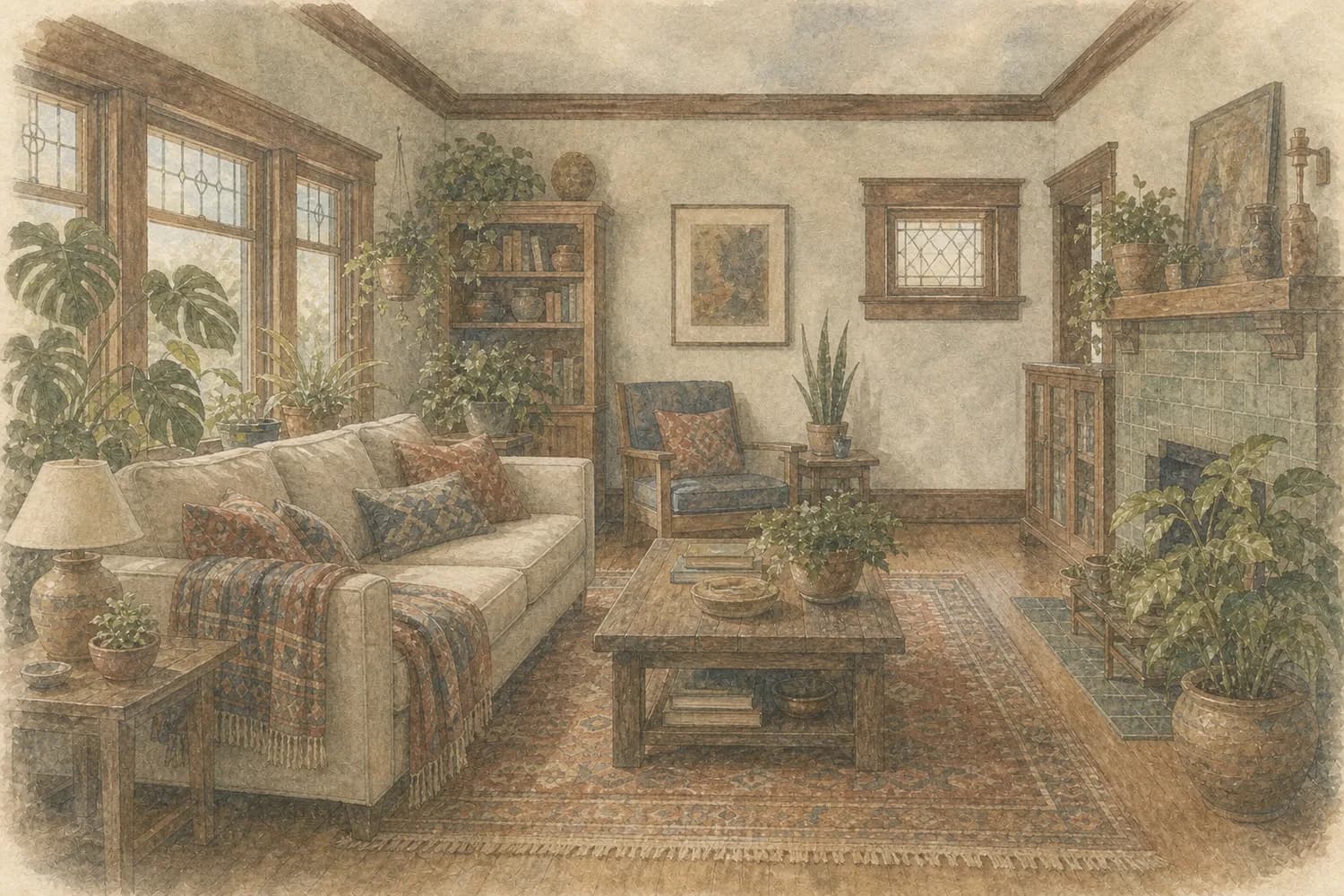 Watercolor of a bright, freshly cleaned living space in a Fremont home