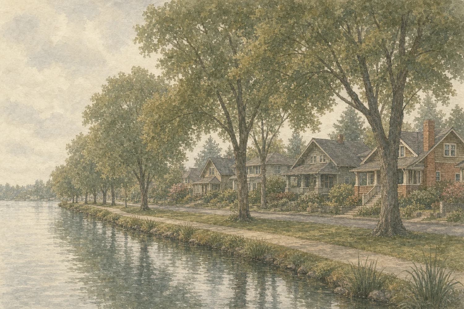 Watercolor of a residential street in Green Lake, Seattle, on an overcast morning