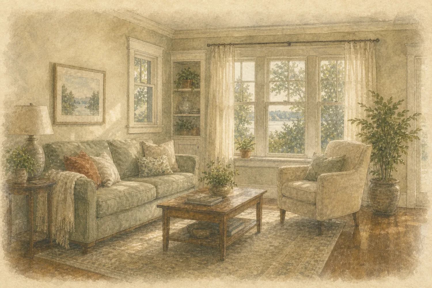 Watercolor of a bright, freshly cleaned living space in a Green Lake home
