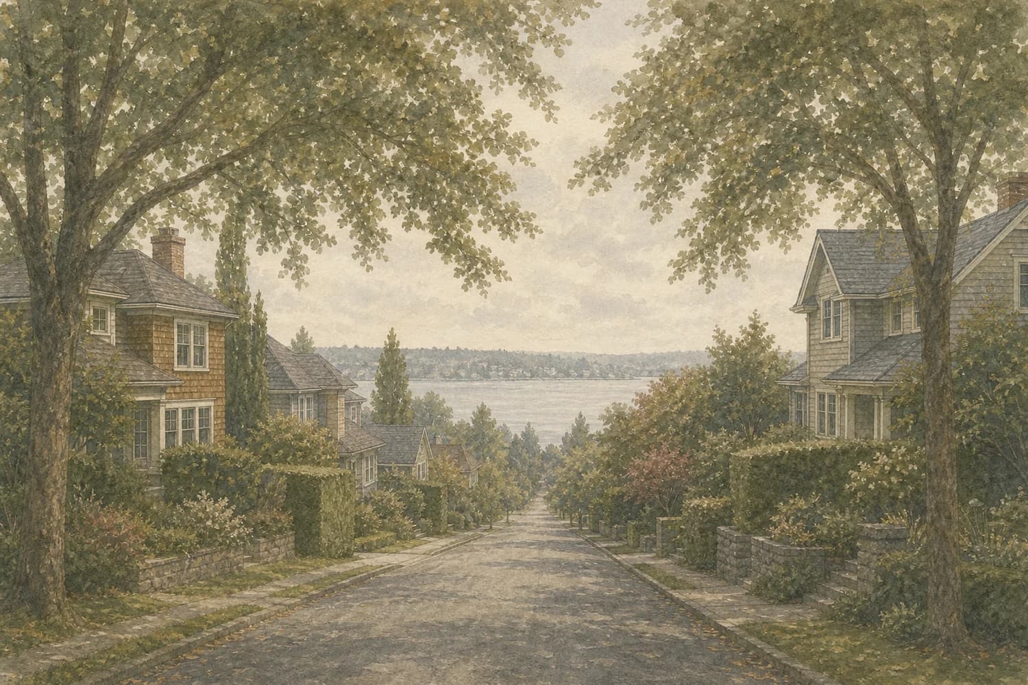 Watercolor of a residential street in Madison Park, Seattle, on an overcast morning