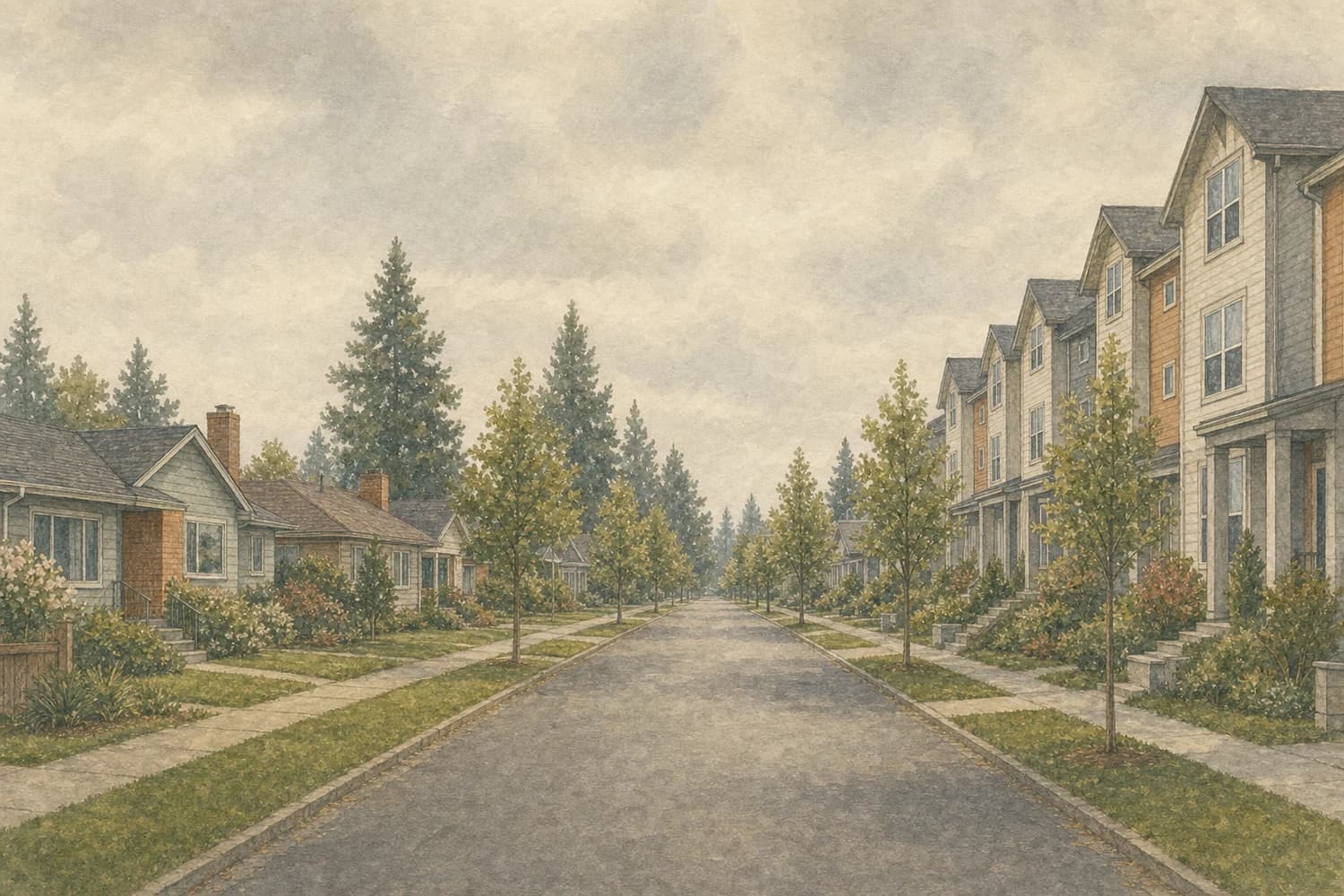 Watercolor of a residential street in Northgate, Seattle, on an overcast morning