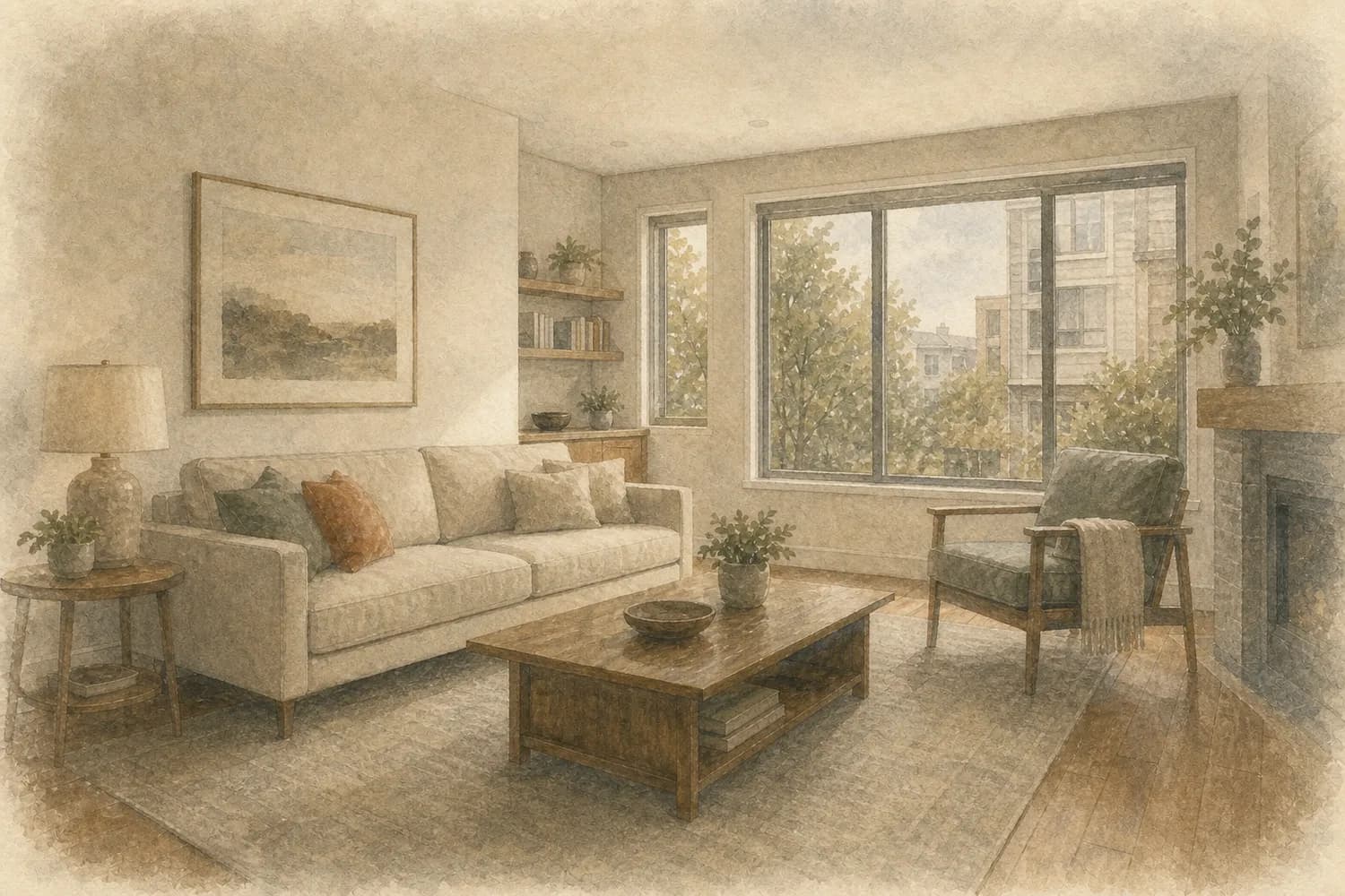 Watercolor of a bright, freshly cleaned living space in a Northgate home