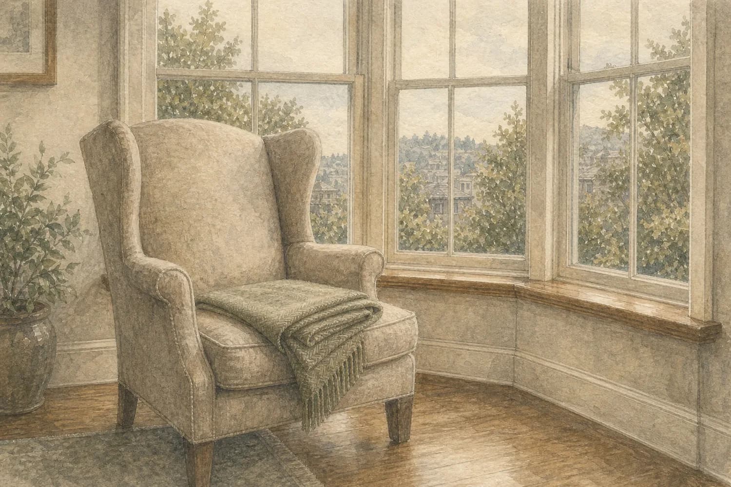 Watercolor detail of a freshly cleaned corner in a Queen Anne home