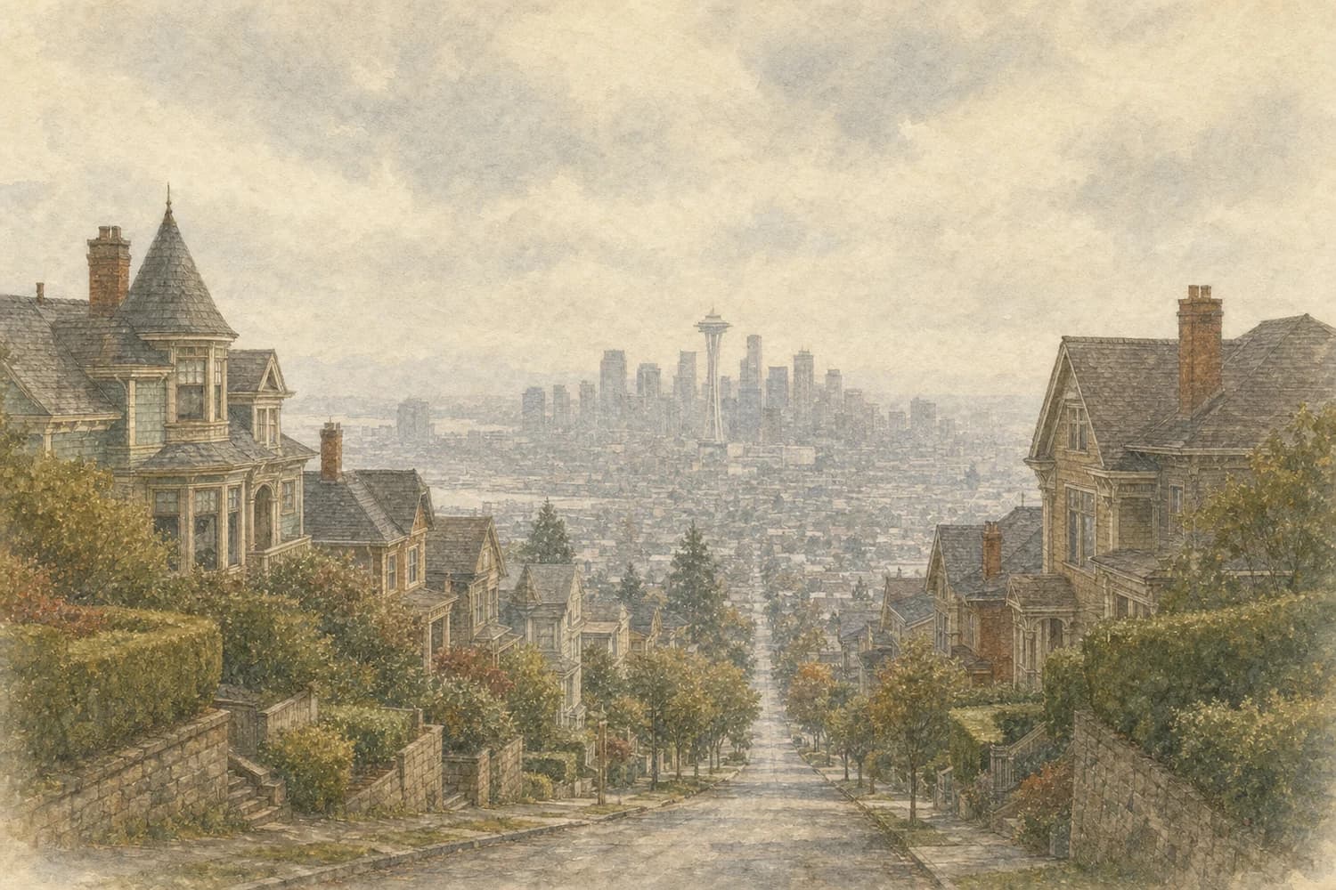 Watercolor of a residential street in Queen Anne, Seattle, on an overcast morning