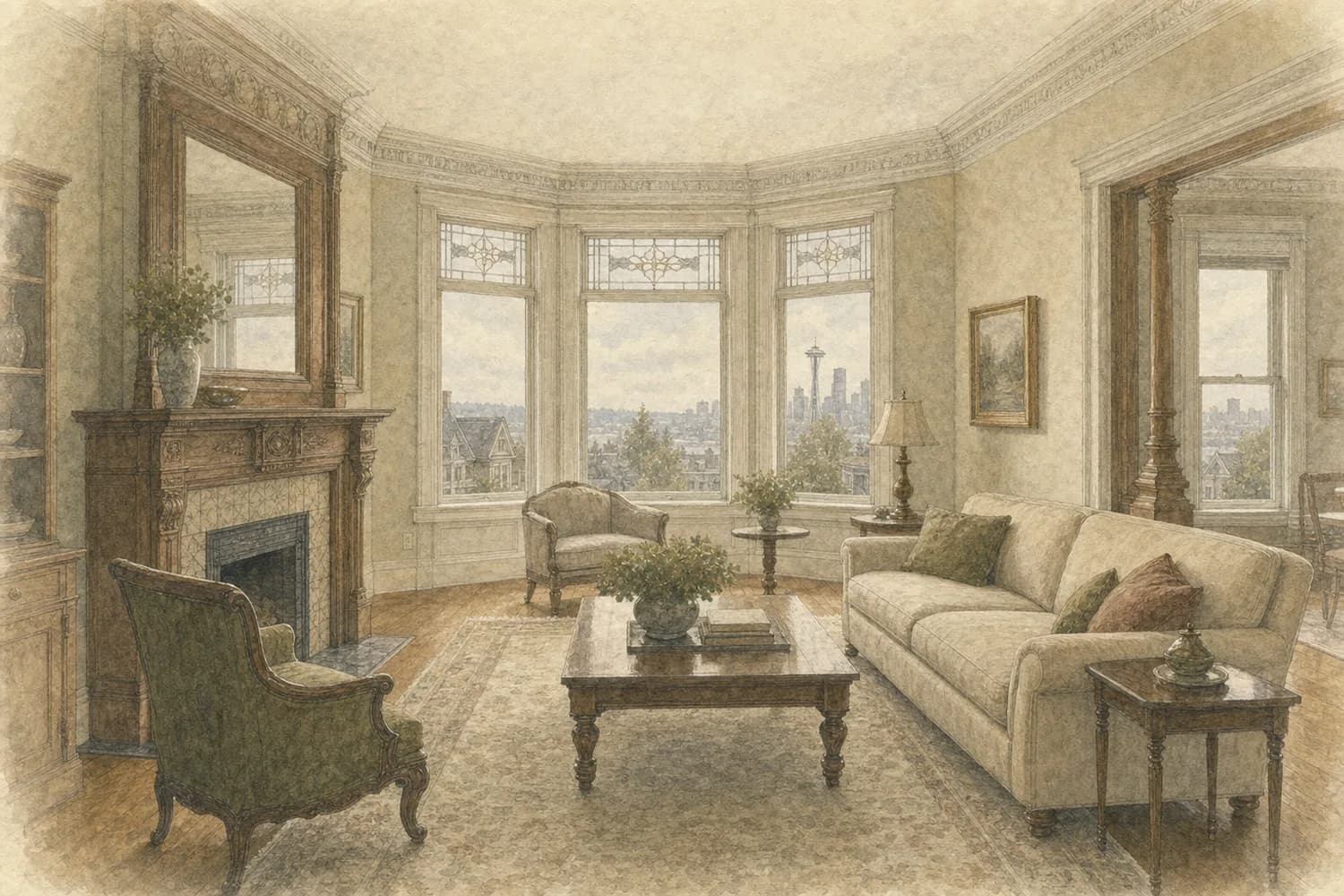 Watercolor of a bright, freshly cleaned living space in a Queen Anne home
