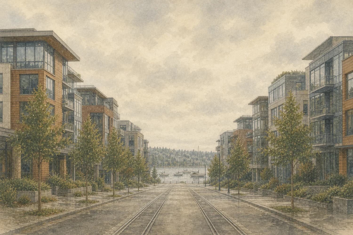 Watercolor of a residential street in South Lake Union, Seattle, on an overcast morning