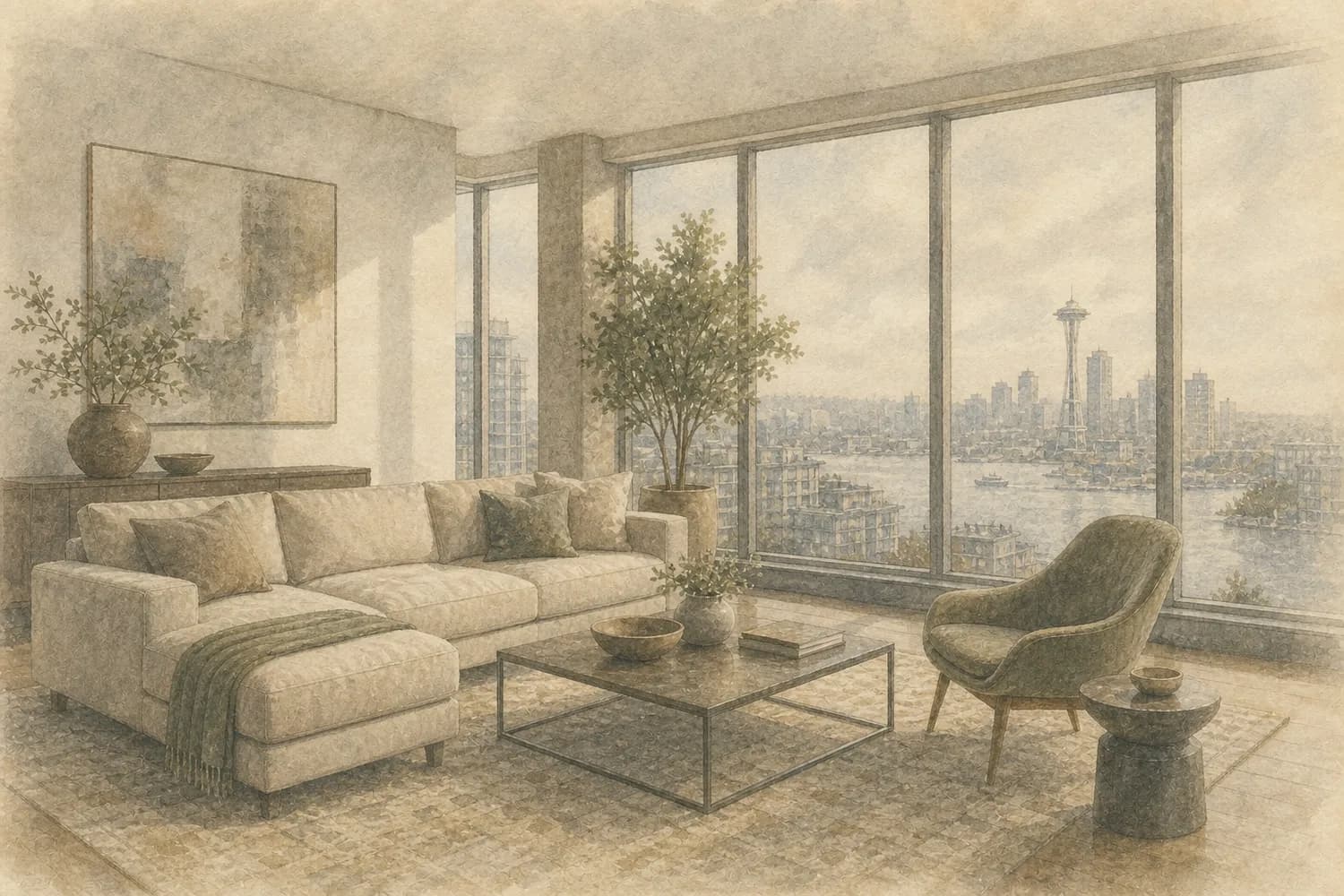 Watercolor of a bright, freshly cleaned living space in a South Lake Union home