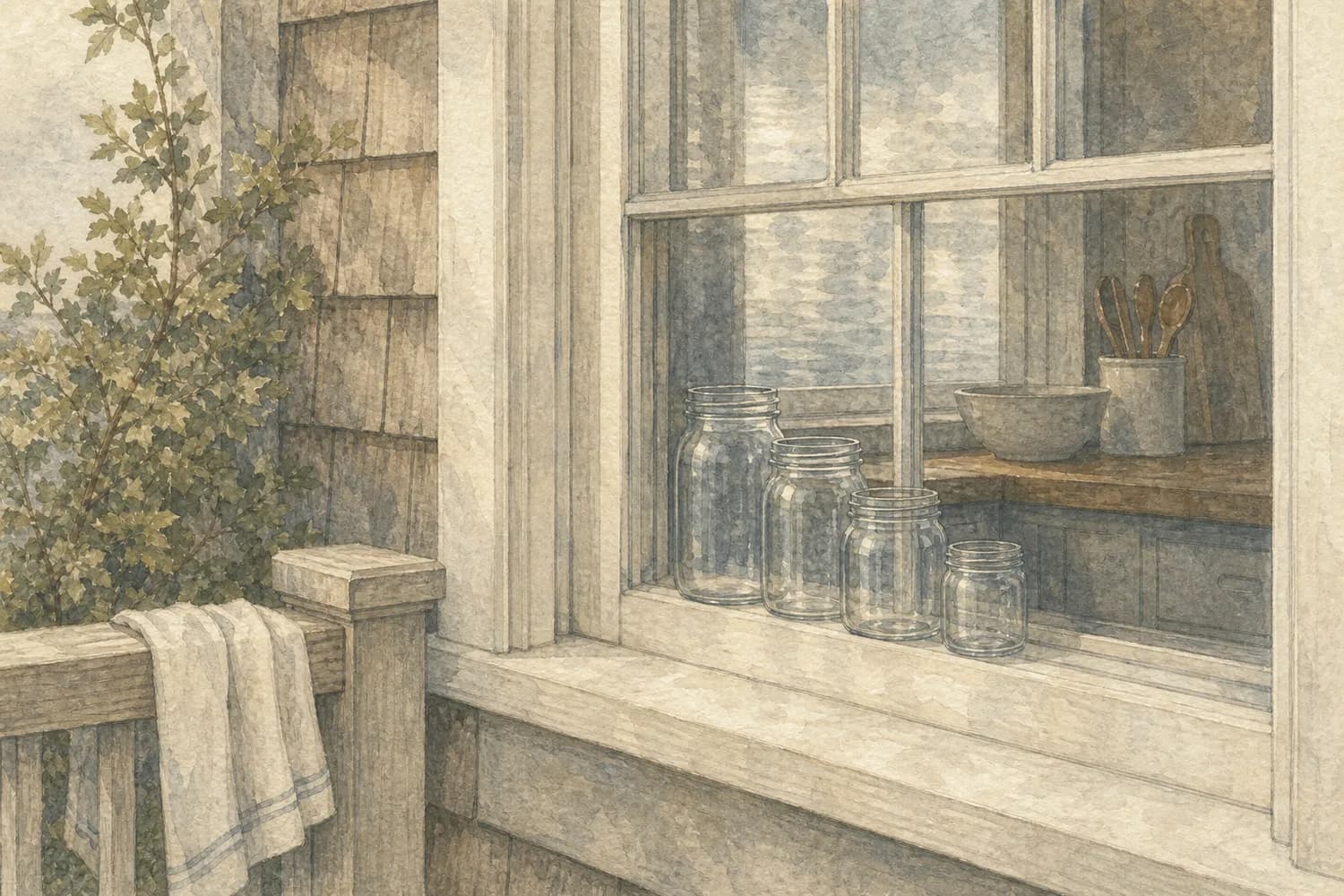 Watercolor detail of a freshly cleaned corner in a West Seattle home