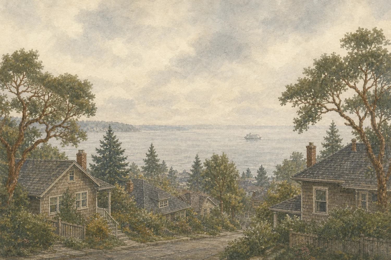 Watercolor of a residential street in West Seattle, Seattle, on an overcast morning