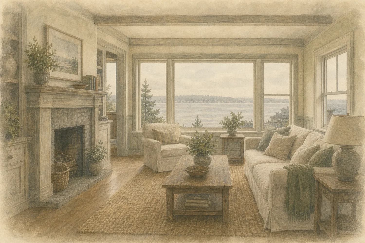 Watercolor of a bright, freshly cleaned living space in a West Seattle home