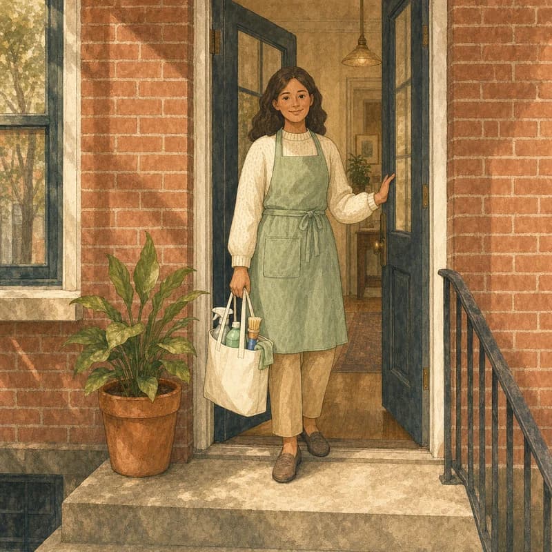 A Hometress cleaner in a sage apron at the open door of a red-brick rowhome, a tote of supplies in hand