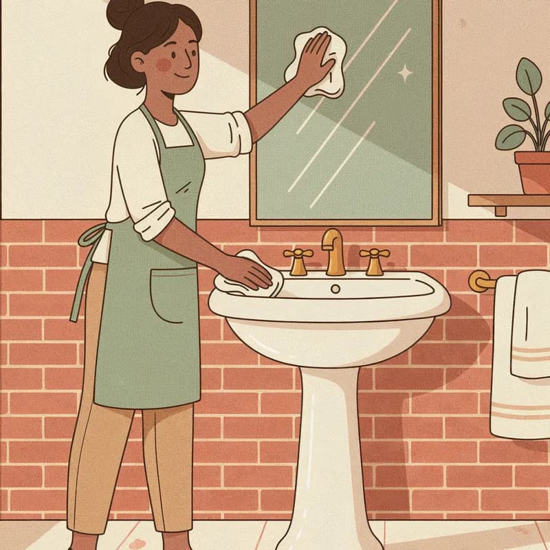 A cleaner polishing a bathroom mirror above the sink
