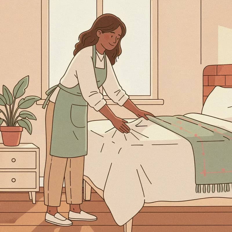 A Hometress cleaner in a green apron smoothing a fresh sheet over a bed in a sunlit bedroom