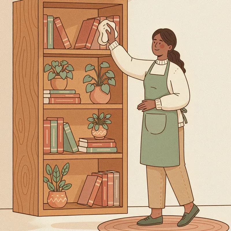 A cleaner dusting a shelf of books and plants