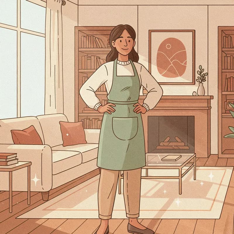 A Hometress cleaner standing in a finished, sparkling living room