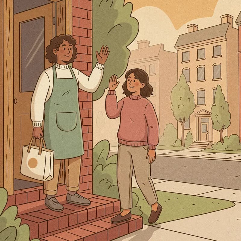 A Hometress cleaner waving goodbye to a customer on a rowhome stoop