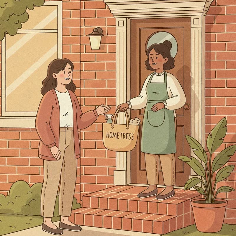 A Hometress cleaner greeting a customer at her front door, supplies in hand