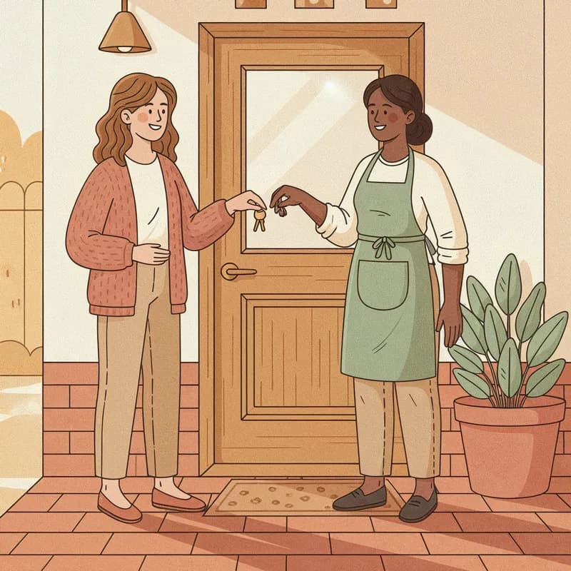 A customer handing her keys to a Hometress cleaner at the front door